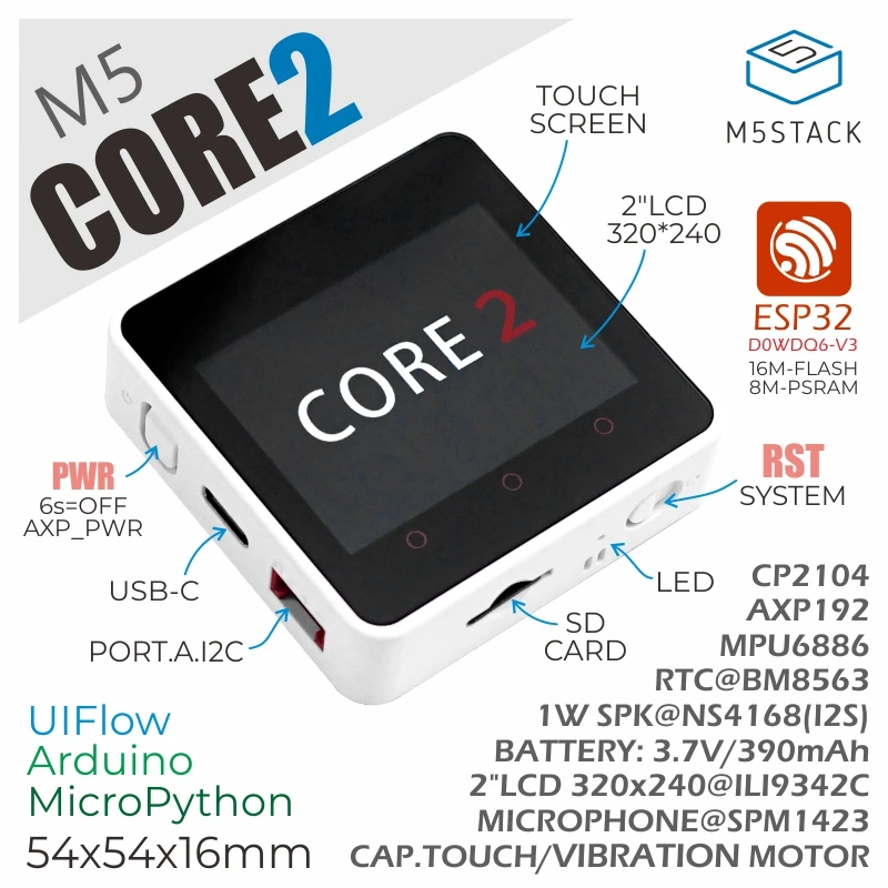 M5Stack Core2 ESP32 IoT Dev Kit: D0WDQ6-V3 controller with 2.0-inch touch TFT LCD display