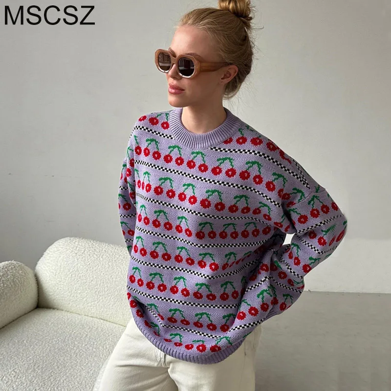 MSCSZ Cherry Printed Oversize Sweter Kobieta O-Neck Długi rękaw Przytulny Sweter Jesień Zima Świąteczny Sweter Kobieta