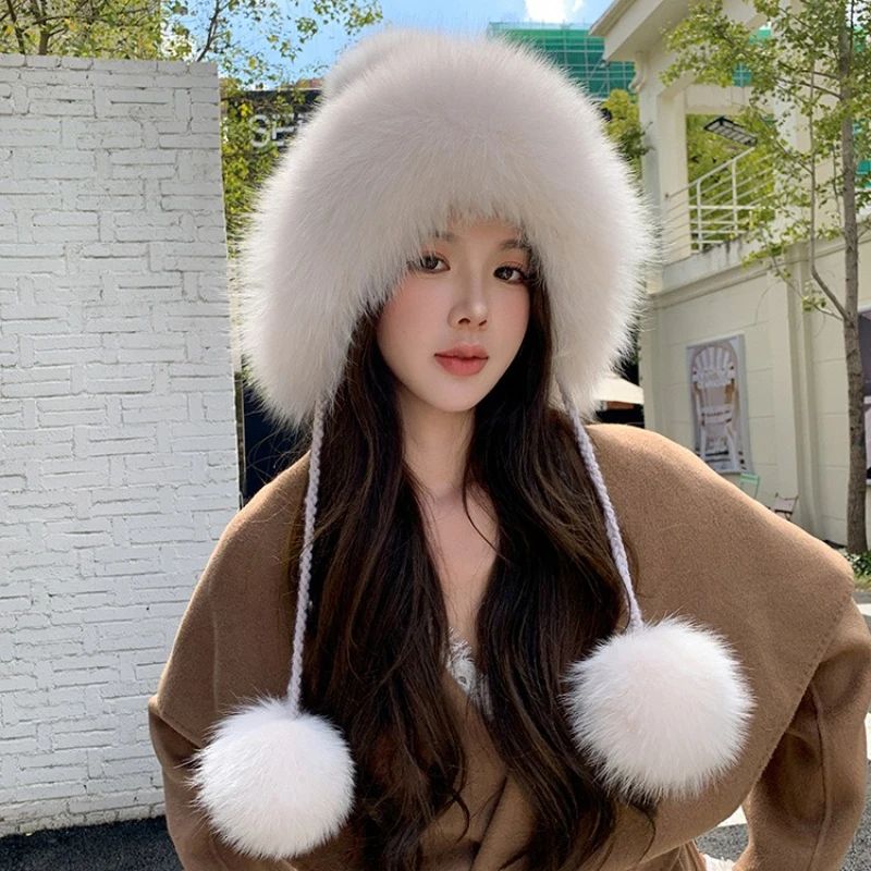 

New Fashion Winter Women Real Rex Rabbit Fur Hat Casual Outdoor Warm Knitted Hat Girl Natural Fox Fur Ear cap bomber Russian cap