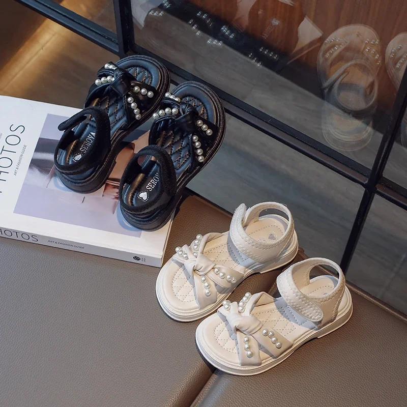 

Girls Princess Shoes Soft Sole Non-slip Kids Beach Shoes Sweet Pearls 2025 Summer Children Sandals Soild Color Versatile Trendy