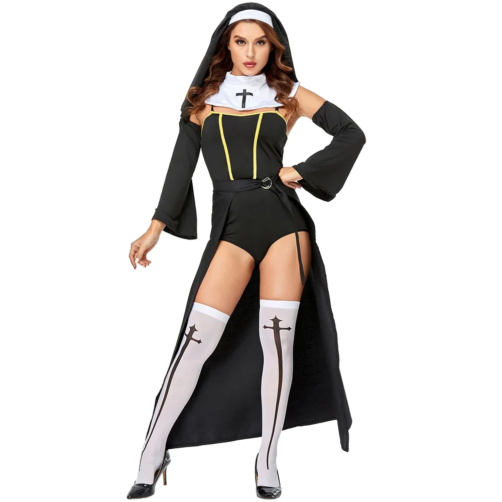 

Women Church Religious Sister Bad Habit Sexy Nun Costume Adult Halloween Party Cosplay Uniform Fancy Black Dress