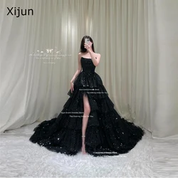 Xijun Glitter Black Long Evening Dresses Tiered Sleeveless Korean Wedding Dresses Photo Shoot Formal Prom Dresses Customized