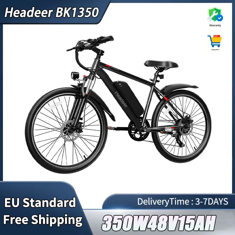 Vélo électrique BK1350 avec moteur 350W (réel 500W), batterie longue portée 48V15AH (indiquée 48V13.5AH), freins à disque doubles, pneus 26 pouces, idéal pour les trajets urbains