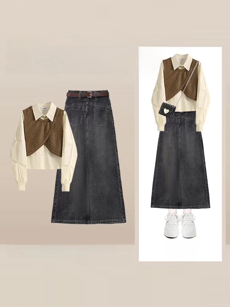 

Early Autumn Casual Set Women's Hong Kong Sle irt Top High Waist Denim Skirt Two-Piece Suit Ele Leisure Ensemble