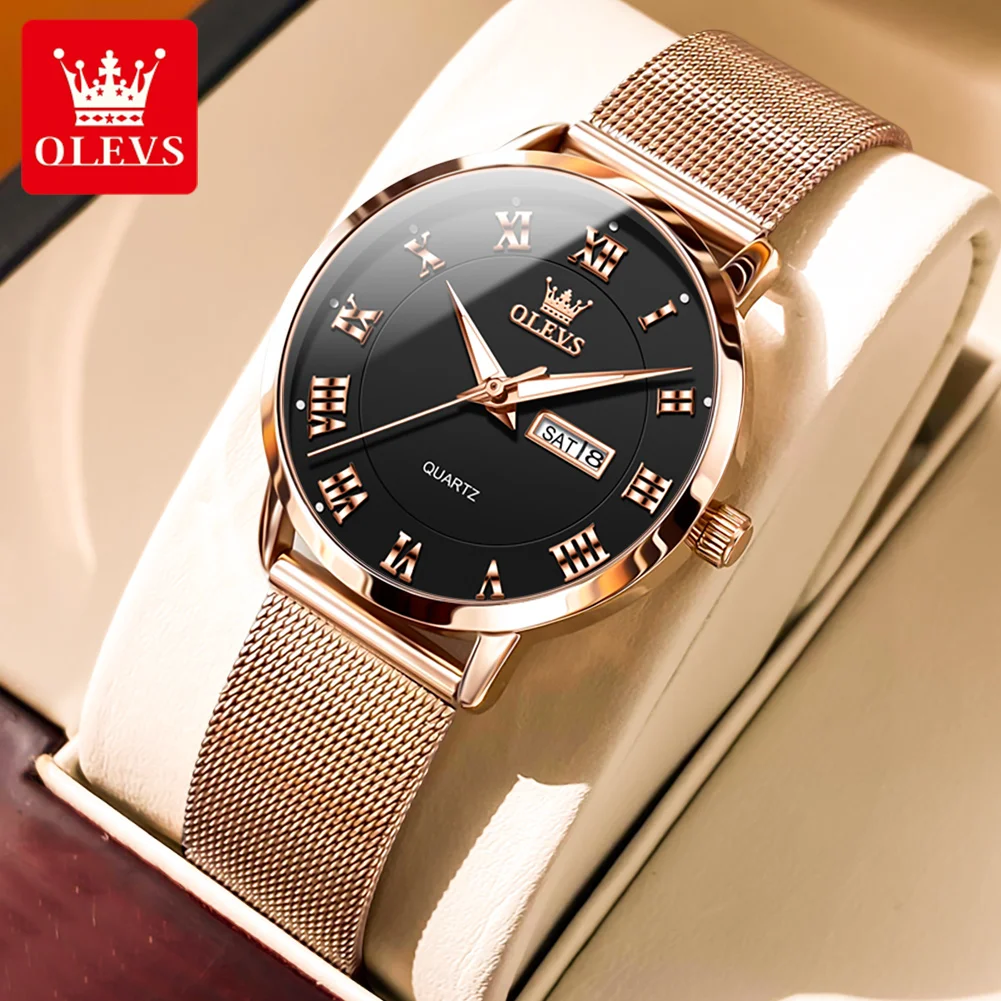 OLEVS Top Brand Ladies\' Watch Elegant Rose gold Milanese Steel Strap Roman Scale Week Display Calendar Women Quartz Wrist watch