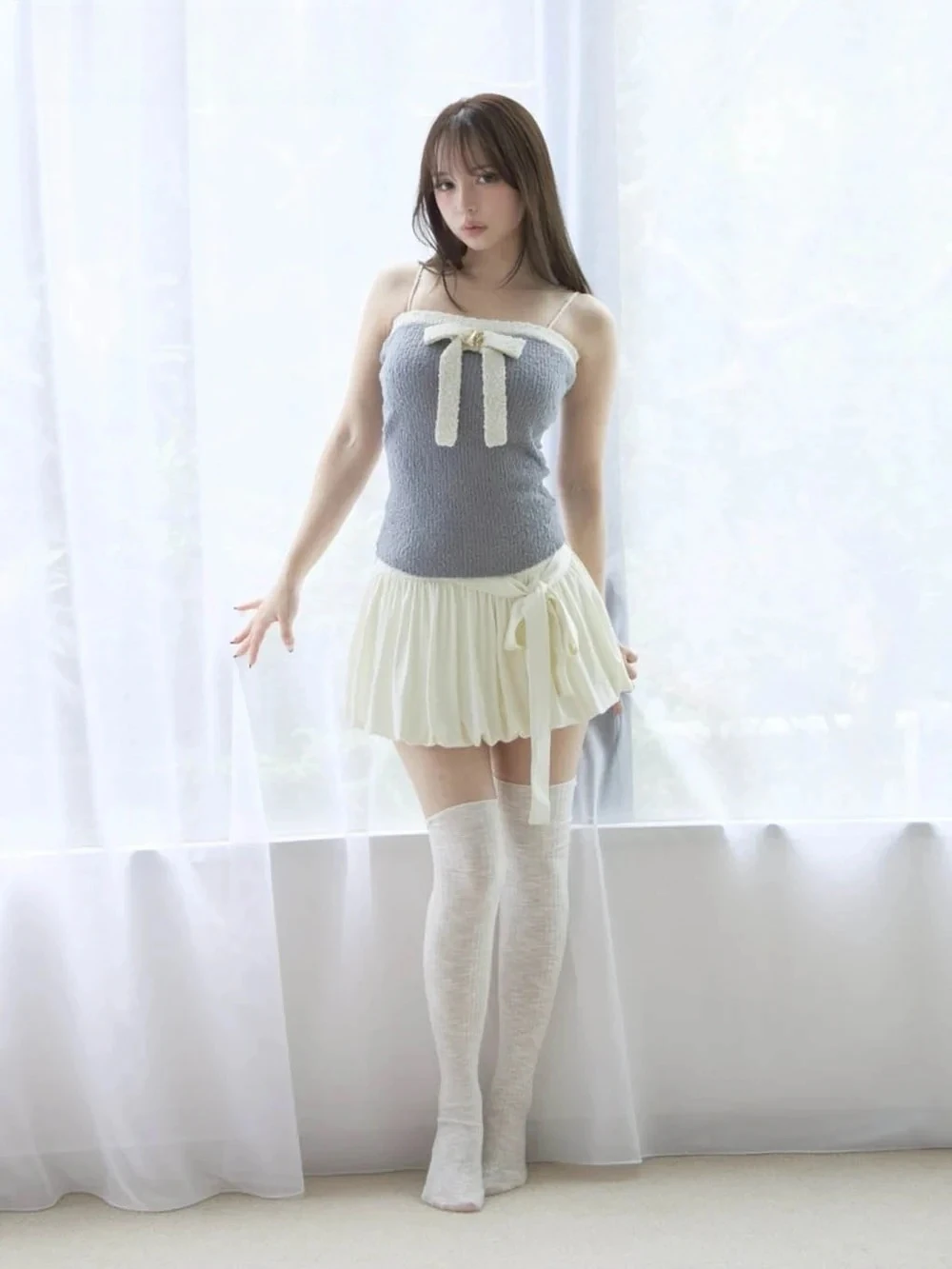 صيف خريف جديد النمط الياباني ثنيات تنورة عالية الخصر فام رسالة التطريز زهرة برعم ربطة القوس فيونكة التنانير القصيرة للنساء #3