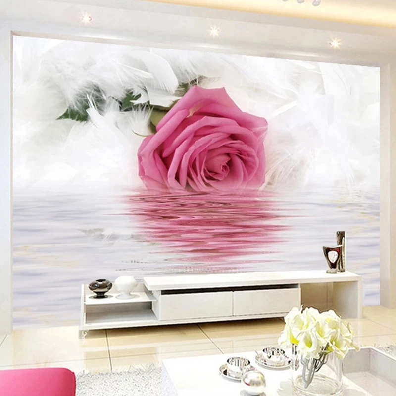 Customized Romantic Rose Feather Reflection On Water Photo Modern Art Interior Design Decor Mural 3D Beautiful Flower Wallpaper