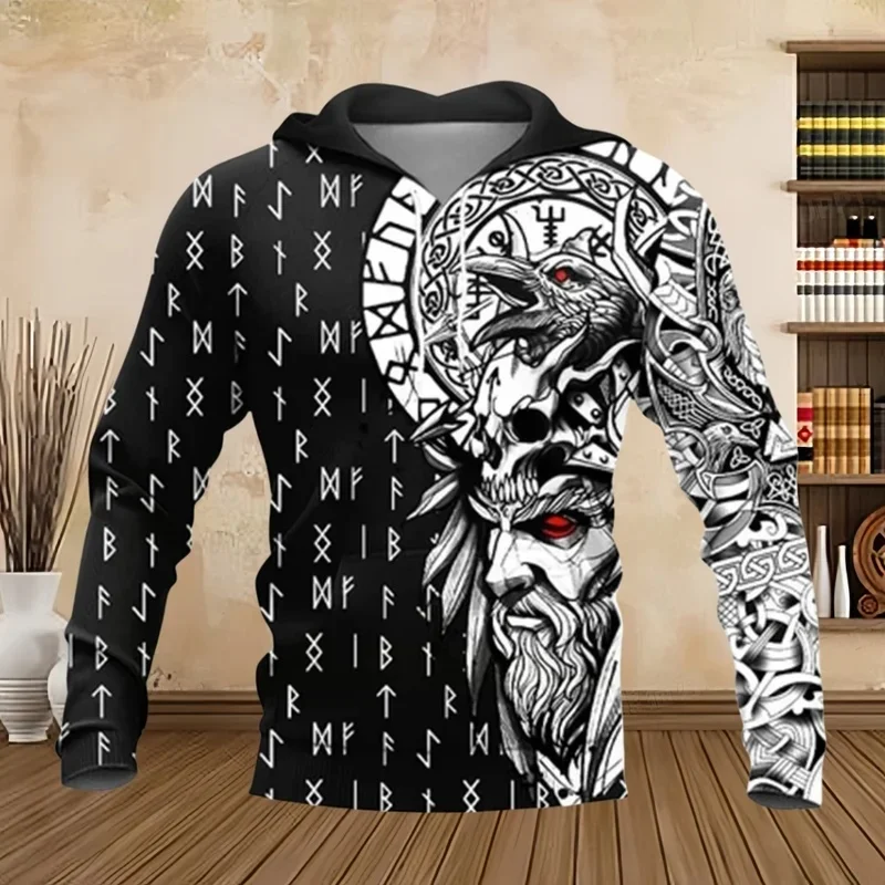 2026 Men's Fashion 3D Art Viking Pattern Tattoo Print Classic Retro American Street Y2K Top-Level Men's Clothing Hoodie