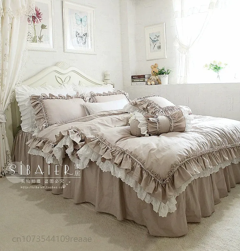 Korean Style Elena Solid Cotton Ruffled Lace Bed Skirt Duvet Cover Bedding Set 4-Piece