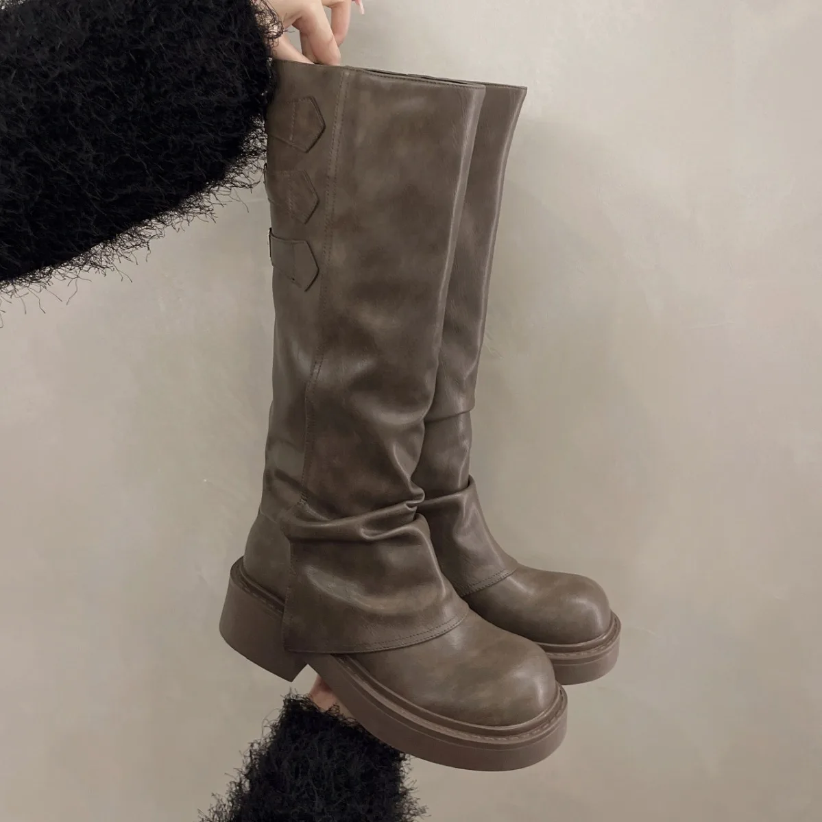 

2025 Vintage Thick Heel Women Knight Long Boots Fashion Slip On Knee Long Booties Autumn Winter Shoes Zapatos De Mujer