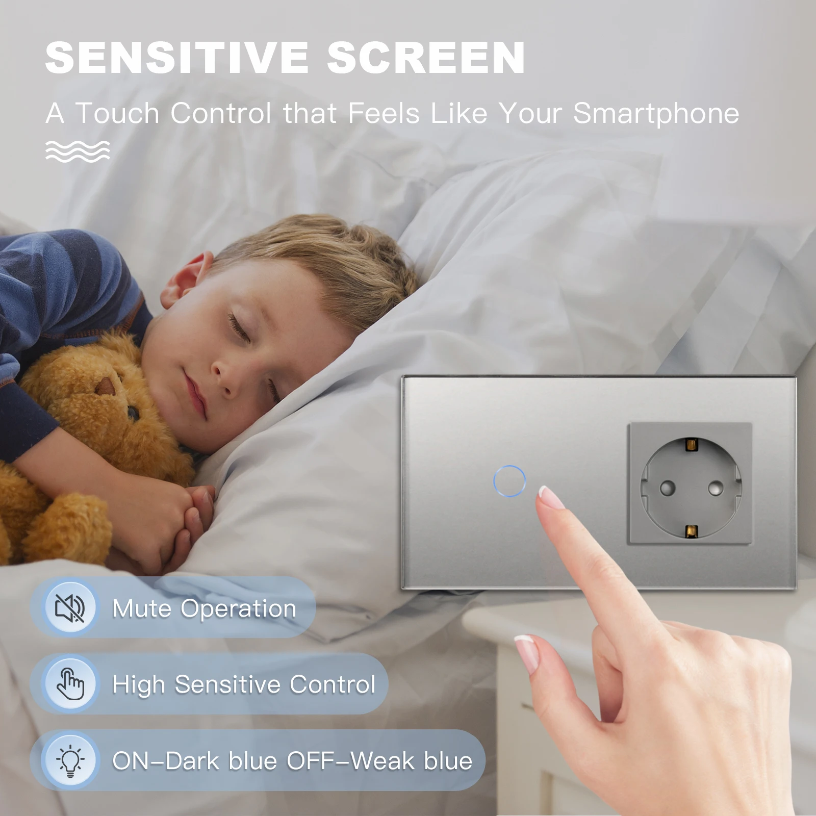 BSEED 1/2/3Gang Touch Switch 1Way Wall Light Switches EU Socket With USB Type-C Interfaces Glass Panel Blue BackLight