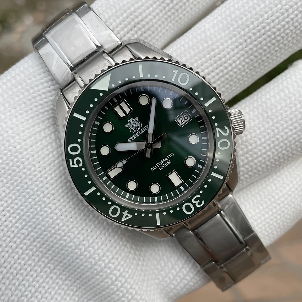 Steeldive marca sd1968 44mm caso de uma peça dial verde 1000m à prova dwaterproof água nh35 mergulho automático relógio relógios mecânicos