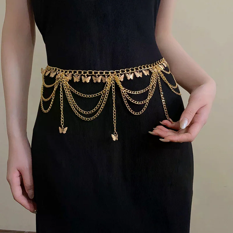 النساء الخصر سلاسل مجوهرات الأزياء فراشة البطن الجسم الديكور المعادن متعدد الطبقات السراويل سلسلة الصيف تنورة الملحقات #3
