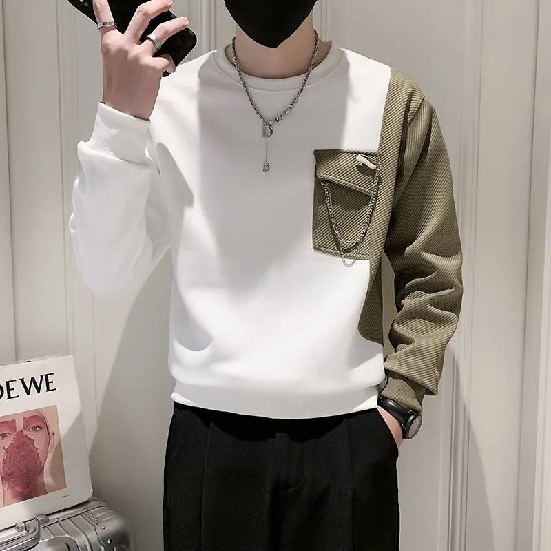 

Spring Autumn New Fashion Round Neck Long Sleeve Men's Clothing Hoodies Contrast Color Pockets Pullovers Korean Chaopai Y2K Tops