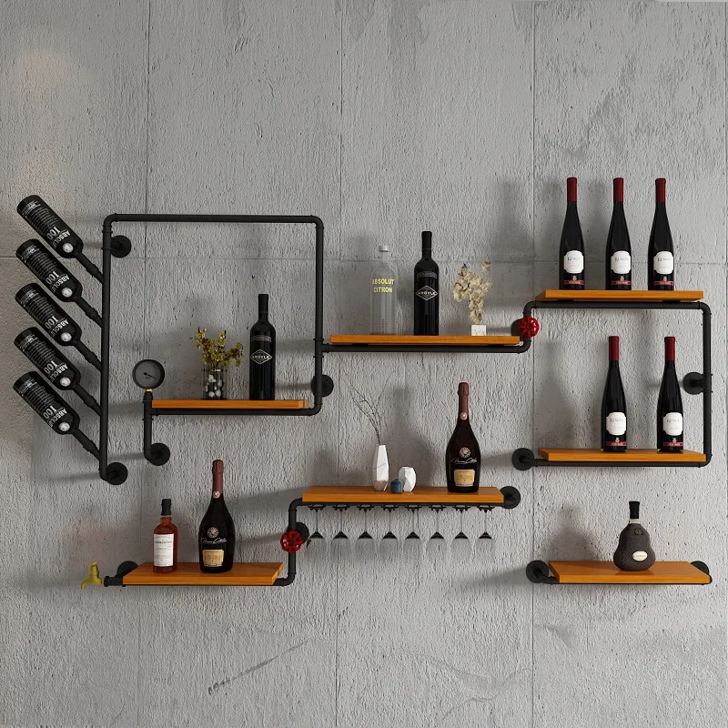 Retro multi-functional water pipe upper wall shelf, industrial style, wrought iron solid wood partition shelf, bar multi-layer