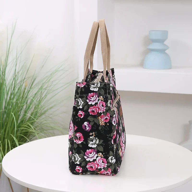 Fashion Floral Print Tote Bag, Portable Canvas Lunch Bag, Women\'s Casual Handbag & Bento Mommy Bag For Picnic Travel