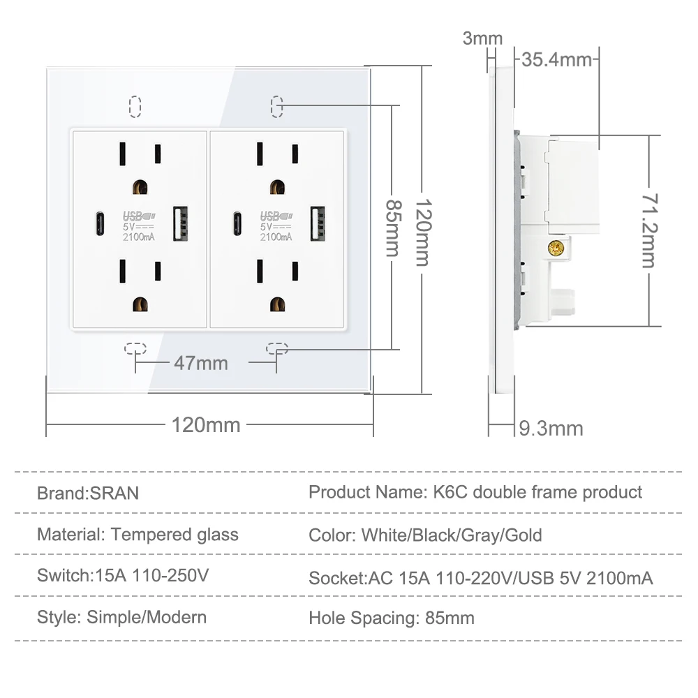 VISWE Double Plug America Universal power outlet with usb type-c charger,120*120mm Glass Panel, Wall Socket and Switch Light