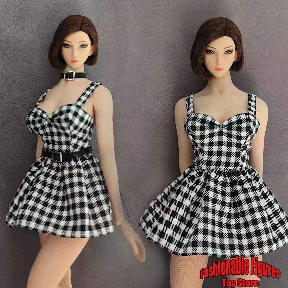 1/6 Female Soldier Dress Classic Vintage Plaid Print Backless Hot Strap Dress Belt Accessory Fit 12Inch Action Figure Model Doll