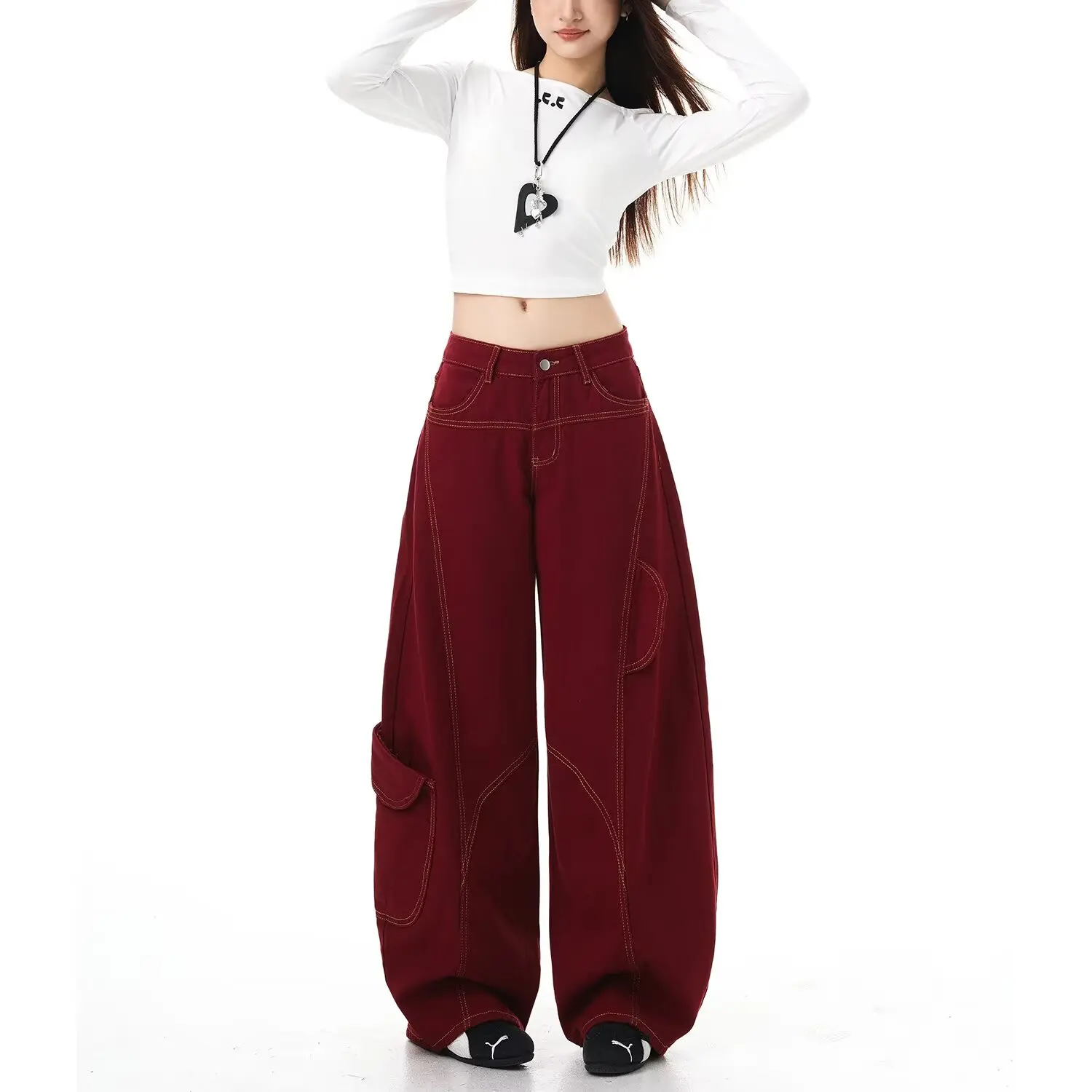 

American retro red overalls jeans women China-Chic deconstruction scimitar pants jazz dance loose wide leg mop pants