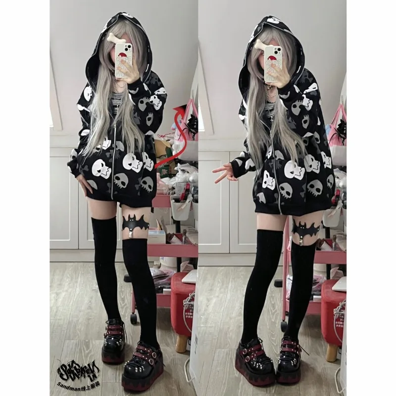 Hoodies feminino grunge Harajuku Vintage com zíper, estampa gótica de caveira, moletom japonês, roupas de rua Y2K, outono 2024