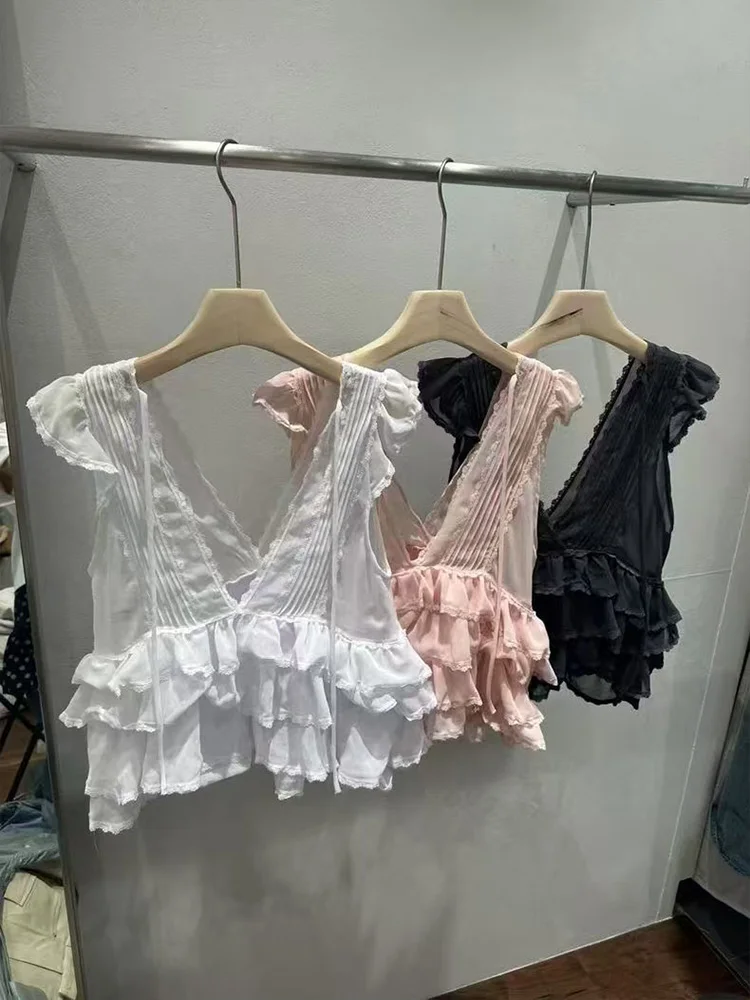 Csa de encaje sin mangas con dobladillo con volantes Bertha para mujer, versátil, estilo coreano, para ir al trabajo, mate...