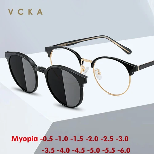 VCKA-gafas de sol magnéticas para hombre y mujer, lentes polarizadas para miopía, 2 en 1, con Clip, montura redonda, lentes ópticas de-0,5 a-10 grados