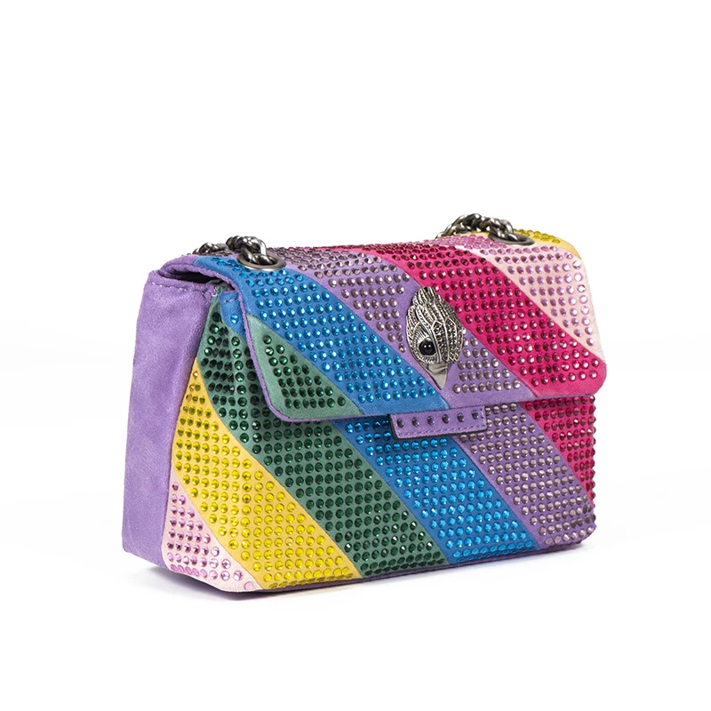 New Design Fabic Women Bag Crystal Embellishment  Quilting Pattern Rainbow Purple Patchwork Jointing Purse