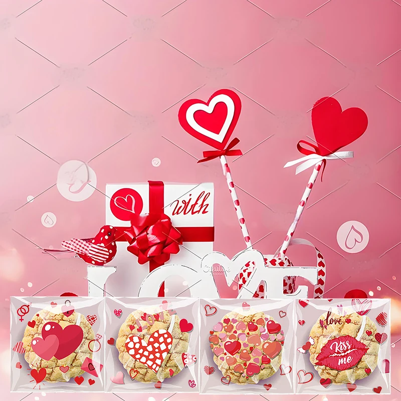 Pink Love Theme Plastic Candy Bags Love You Cookie Bag Valentine Day Gift Packaging Bags Girl Friend Wife Gifts Bag Party Supply