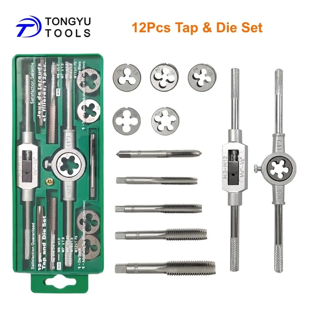 12個入りメートル規格タップ＆ダイスセット-m6-m12-ねじ山修復ツールキット-タップレンチ、ダイス、ストック付き
