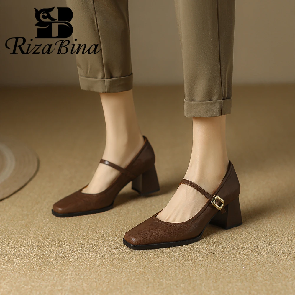 

RIZABINA Women Pumps Real Leather Chunky Heel Buckle Strap Mary Jean Shoes Lady Soild Color Wedding Daily Casual Shoes Handmade