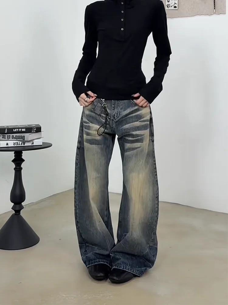 Loose Fit High Waist Wide Leg Denim Jeans Women's American Retro Bamboo Texture Loose Draped Floor Length Trousers