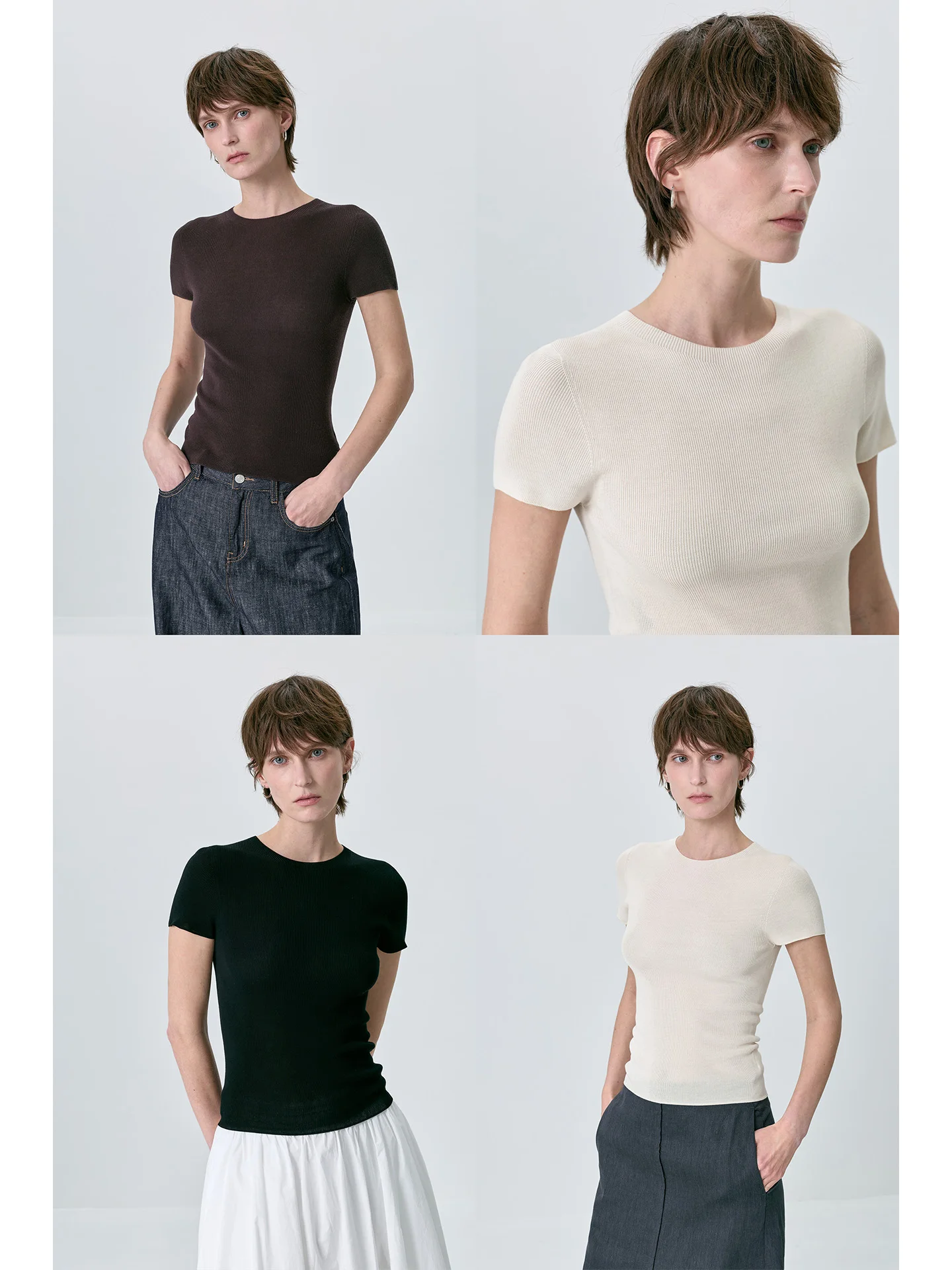 

Silk Rayon Lyocell Seamless Short Sleeve Knitted Top Women's Simple Versatile Slimming T-Shirt Casual Soft round Neck Pullover