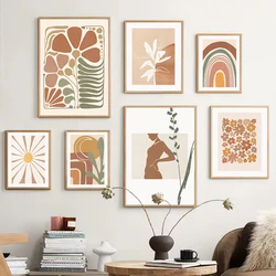 Boho Minimalist Sun Rainbow Flower Leaves Wall Art Canvas Painting Abstract Nordic Posters Prints Pictures For Living Room Decor