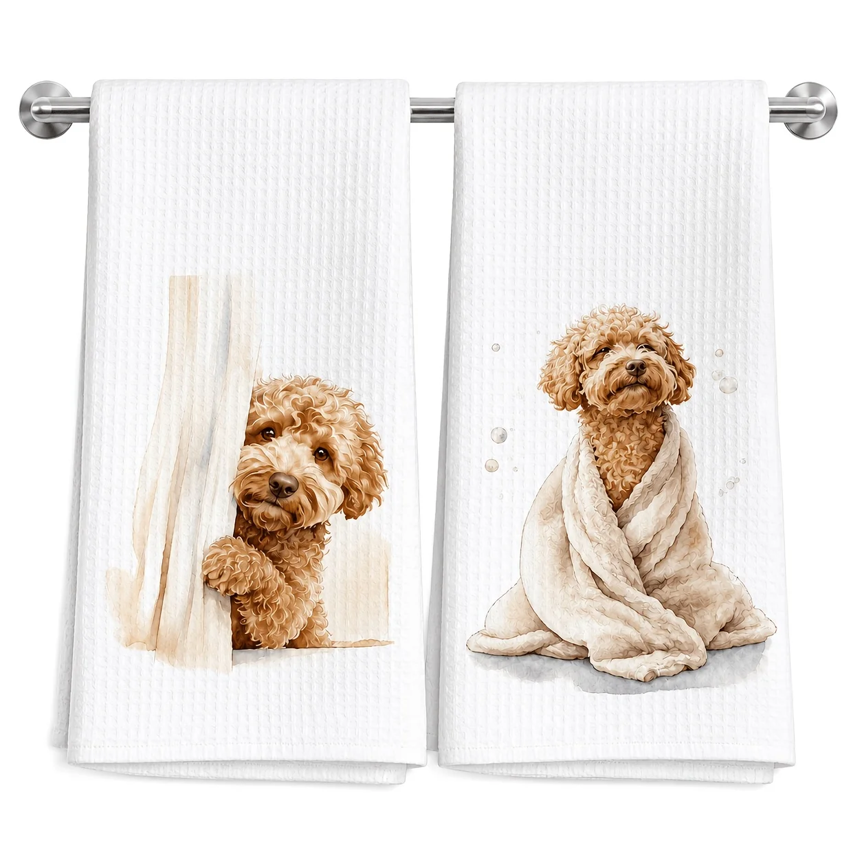 Two packs of cute poodle pattern kitchen towels, dishtowels, watercolor golden hair printing kitchen decorative hand towels