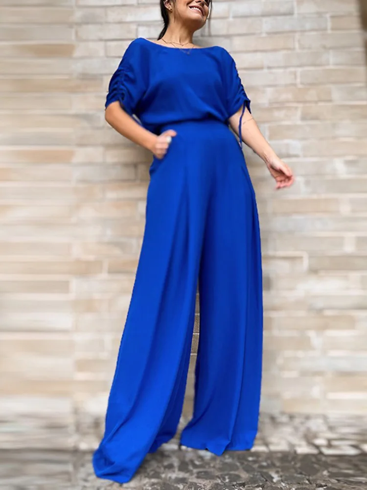 Drauuing Women Round Neck Top And Pants Set Female Office Chic Blue Trouser Two Piece Set Pocket Wide Leg Pants Outfits 2024 New