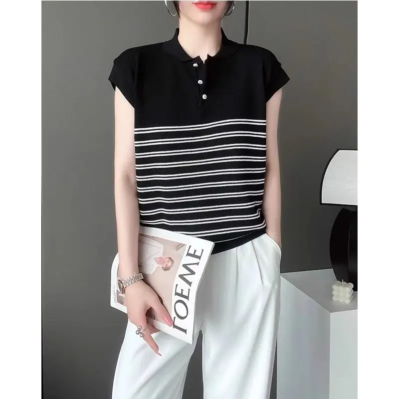 Summer Women\'s Short Sleeve Striped Button Solid Turn-down Collar Pullover Sweater Knitted T-shirt Casual Screw Thread Tops