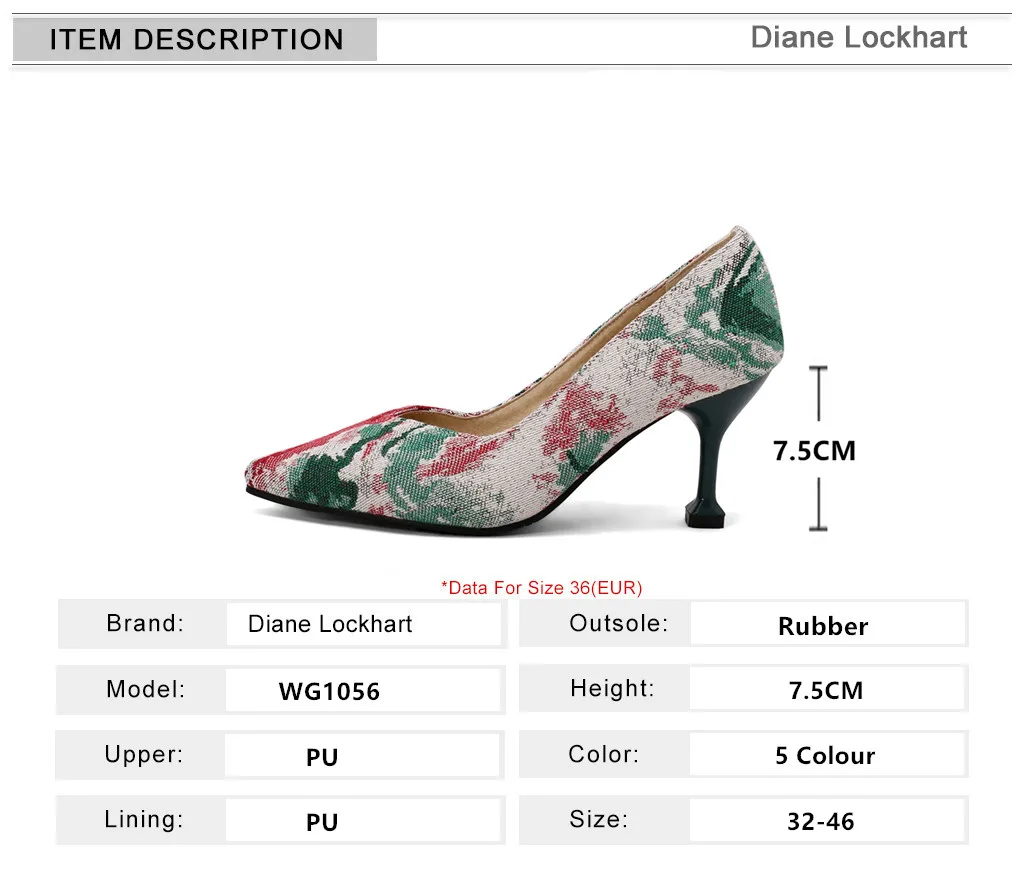 Pumps Women Shoes Flower Totem Slip-On Shallow Shoes Wedding Party Pointed Toe High Heels Pump Chaussures Femme Plus Size 32-46