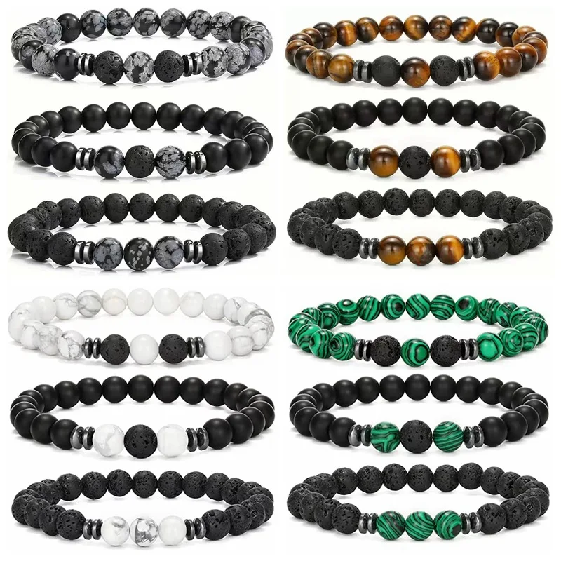 Ensemble de 3 bracelets en pierre naturelle pour homme, pierre de lave, œil de tigre, malachite, guérison, yoga, méditation, bijoux pour homme, cadeau