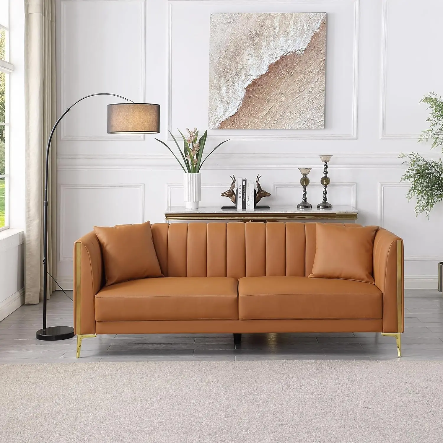 Fotosok 78'' Sofa, Modern Leather Couches For Living Room, Comfy, Faux Leather Sofa 3 Seater Sofa With 2 Throw Pillows And Gold