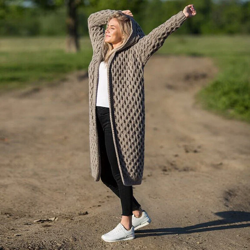 2022 Casual Solid Women Cardigan Sweater Oversized Plus Size Hooded Long Knitted Coats Female Overcoats Outwear Fall and Winter