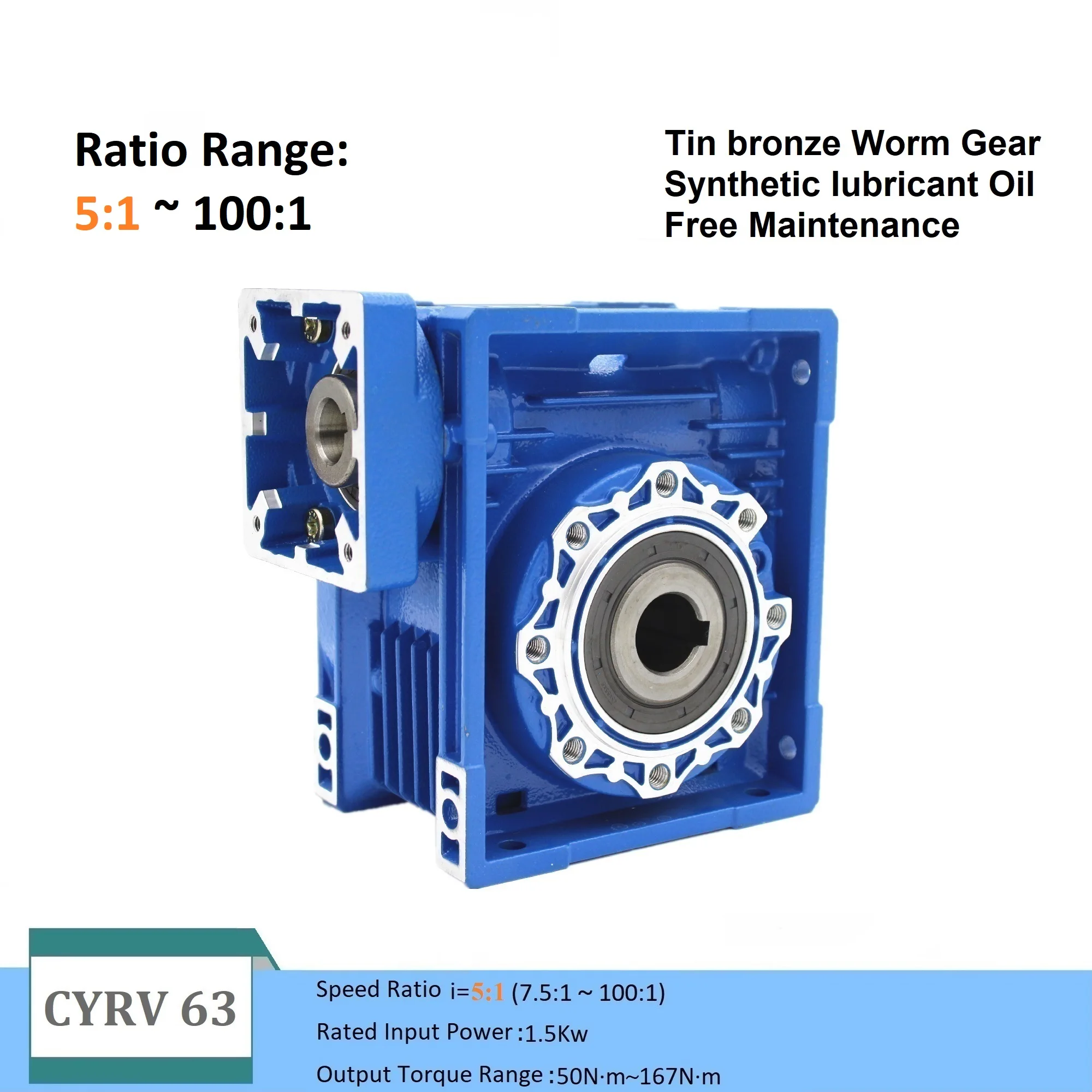 

CY Automan Worm Gearbox CYRV63 NMRV63 Speed Ratio 5;1 /100:1 Synthetic oil+Tin bronze worm gear Free maintenance NO ADD OIL