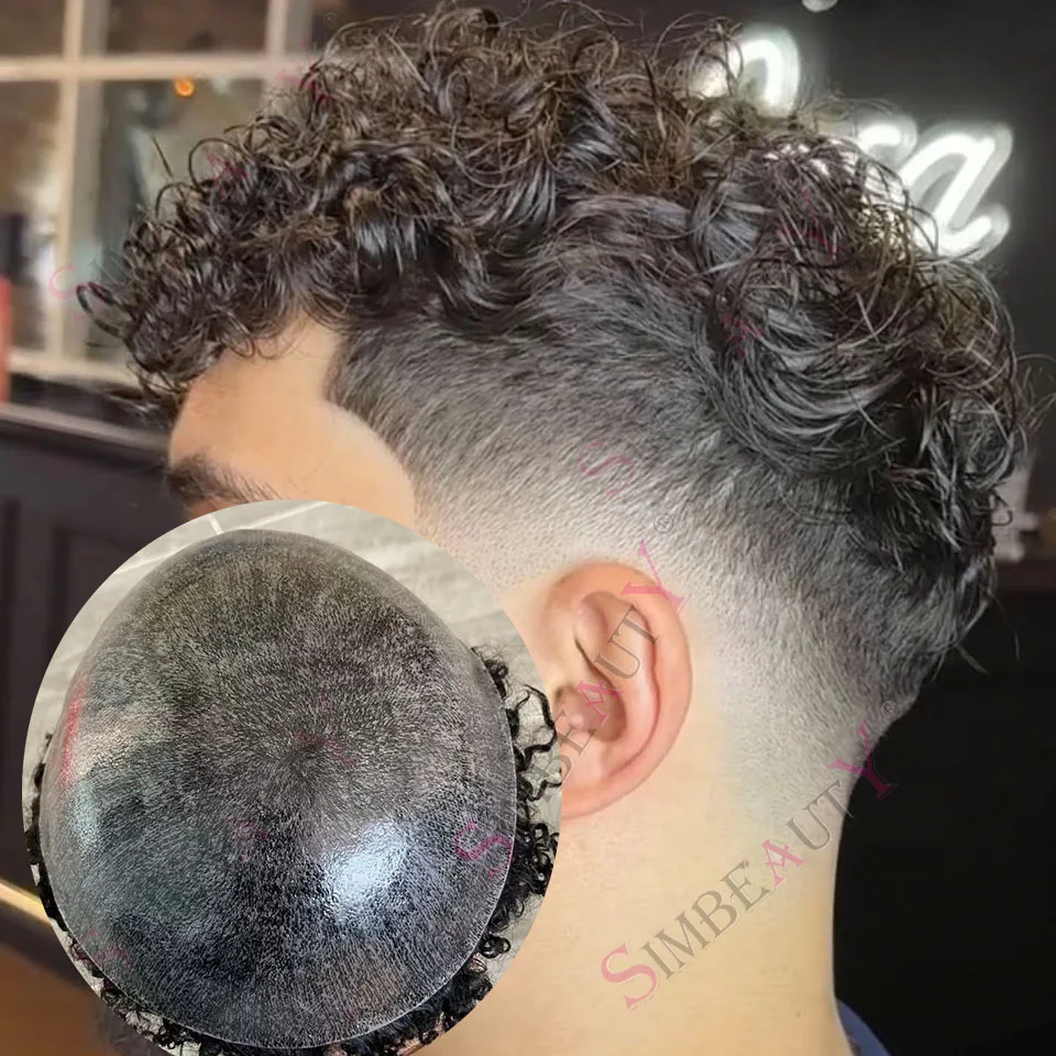 

Необнаружимый 20 мм вьющийся блондин коричневый черный мужской парик, человеческие протезы, супер прочный, тонкая кожа, мужская система замены волос от выпадения