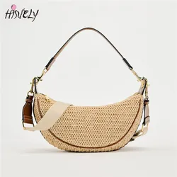 2024 Casual Half Moon Straw Handbags Designer Wide Strap Shoulder Crossbody Bag Trend Summer Beach Bag Small Tote Phone Purses