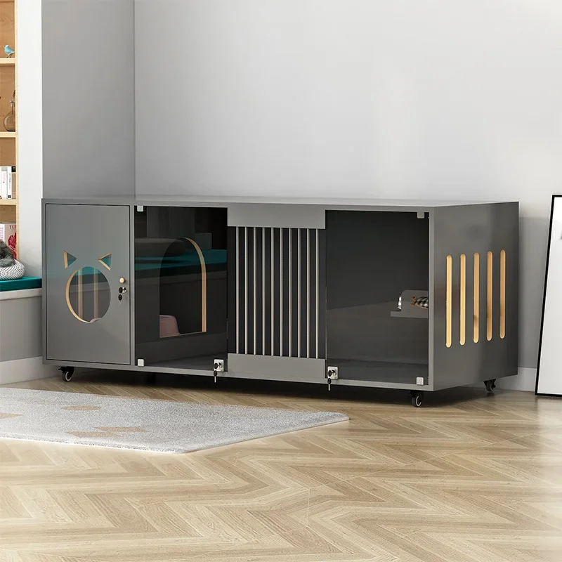 a forWood Animal Cat Villa Large-Space Cat House Cage Integrated Litter Box Indoor Home-Use Shelter Luxury Design Cat Display