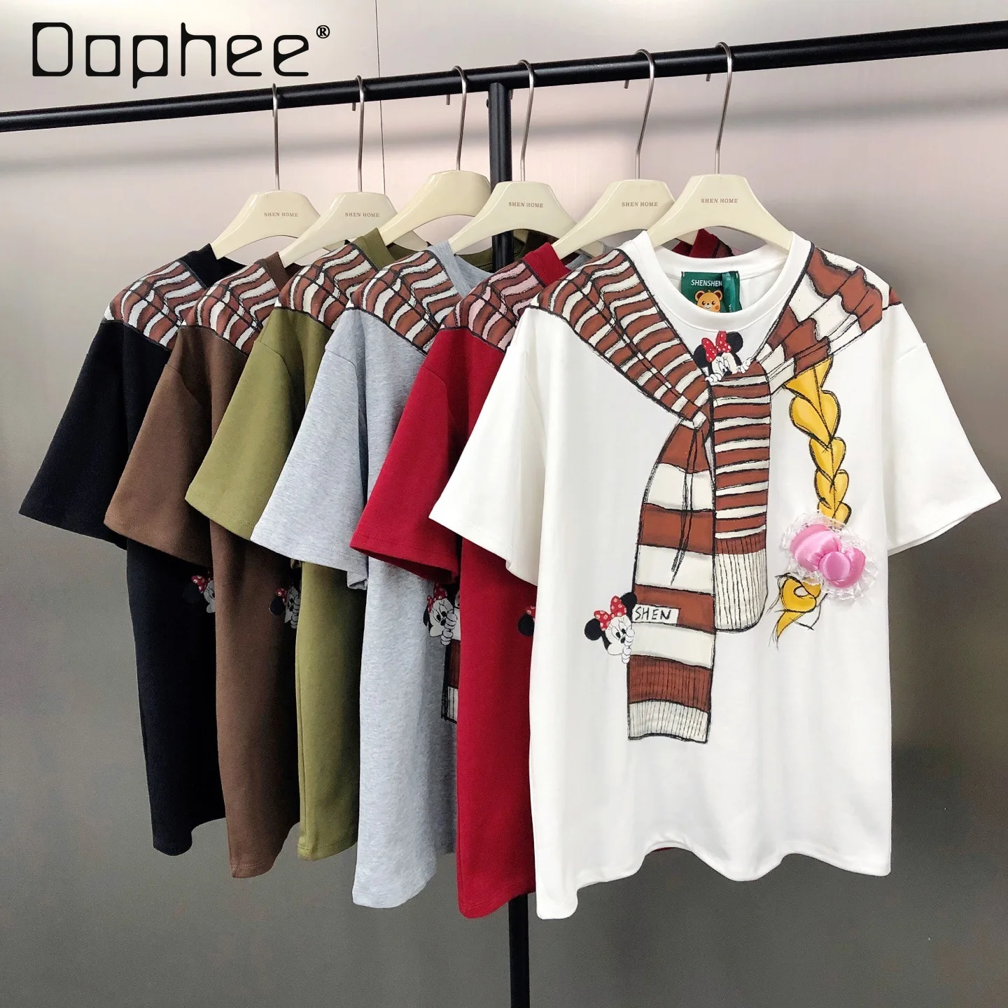 

Autumn New Korean Fashion Hand-painted Cartoon Fake Two-piece Printed Top Youthful Versatile Loose Short-sleeve T-shirt