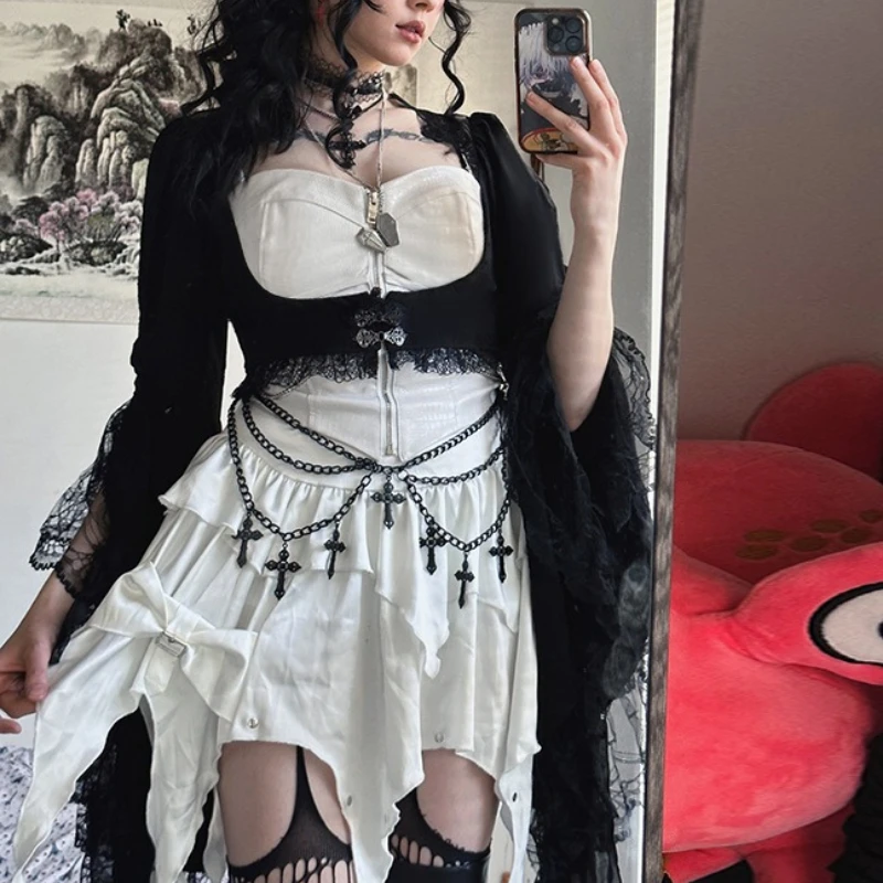 Gotycki Vintage Smock Damski Pałacowy Styl Hotsweet Mroczna Estetyka Grunge Koronkowy Patchwork Rozkloszowane Rękawy Krótkie T-shirty Damskie