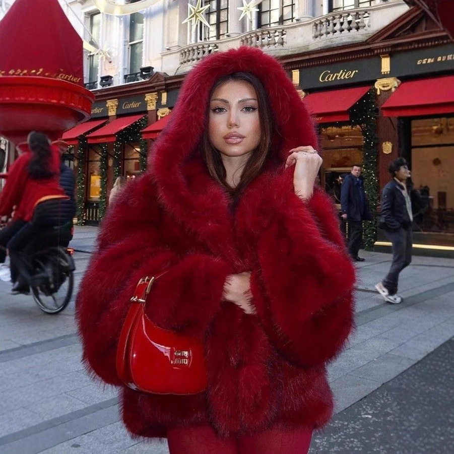 معطف فرو للخريف والشتاء للنساء من ort Sle شعر صناعي أنجورا قبعة حمراء متضمنة ملابس خارجية أنيقة للسيدات #4