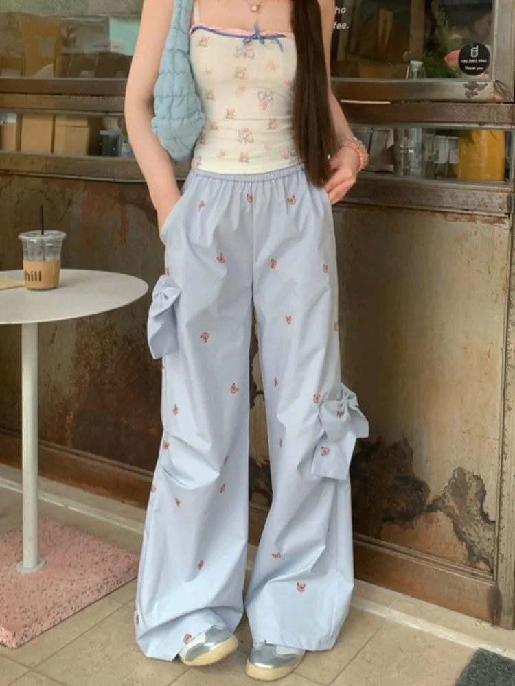 Women's Grey Cargo Pants Vintage Y2k 90s Aesthetic Harajuku Bow Pants Streetwear High Waist Baggy Trousers 2000s Trashy Clothes