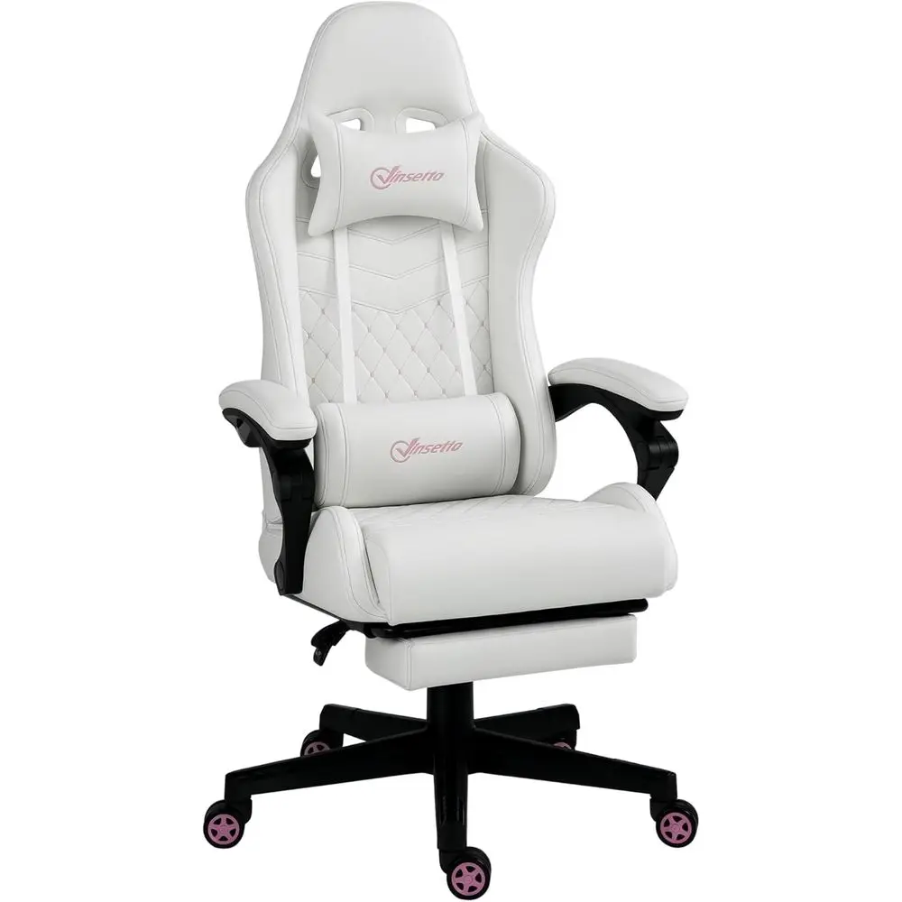 White & Pink High-Back PU Leather Gaming Chair with Swivel, Retractable Footrest, Lumbar & Arm Support
