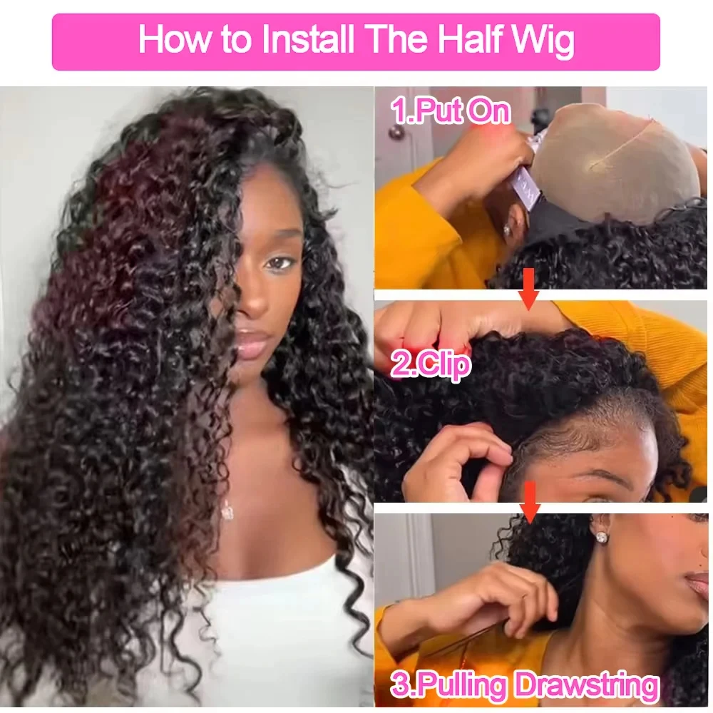 230% Kinky Curly 3 In 1 Half Wig Human Hair Wear Go Glueless Wigs Human Hair 30Inch Vietnamese Drawstring Seamless Flip forWomen